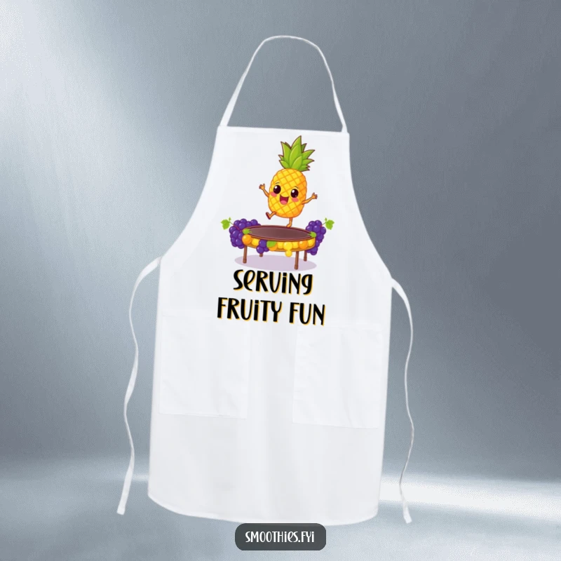 Funny Apron: A giddy pineapple bounces enthusiastically on a trampoline made of grapes, bringing fruity fun and a hilarious touch to kitchen duties.