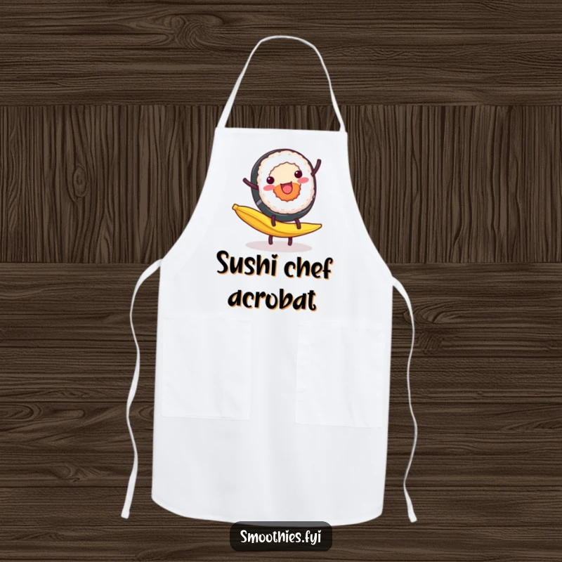 Funny Apron: A cheerful sushi roll does a cartwheel on a banana peel, designed for kitchen fun and culinary flair.