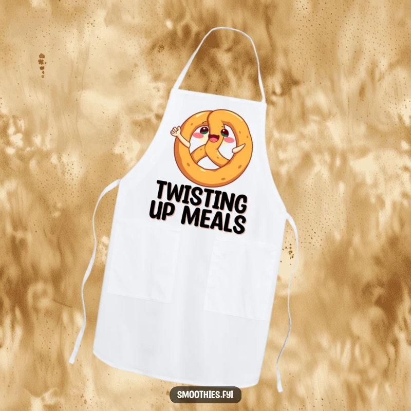 Funny Pretzel Apron showcasing a happy, grinning pretzel character in a joyful spin, ready for kitchen adventures.
