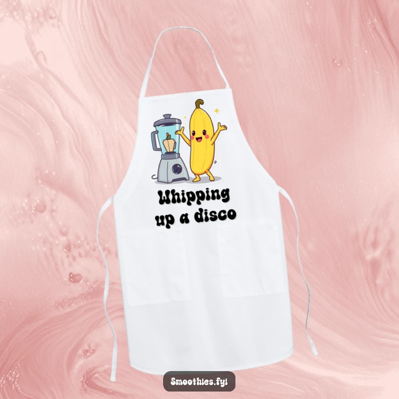 Funny banana character doing a dramatic disco pose next to a blender, on a kitchen apron.