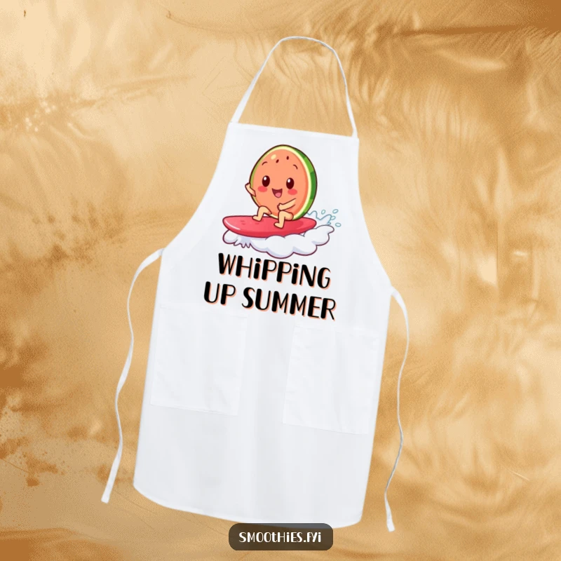 Funny apron showcasing a cheerful watermelon slice surfing on a jelly wave, practical kitchen wear with a humorous summer design.