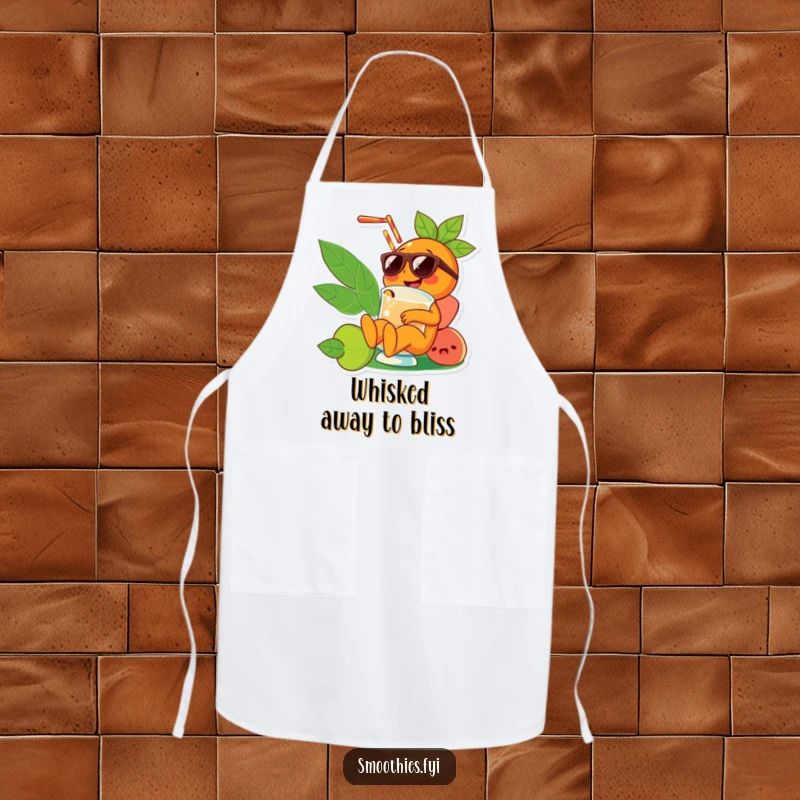 Funny orange character in sunglasses lounging in a smoothie, printed on a kitchen apron, perfect for a humorous cooking experience.
