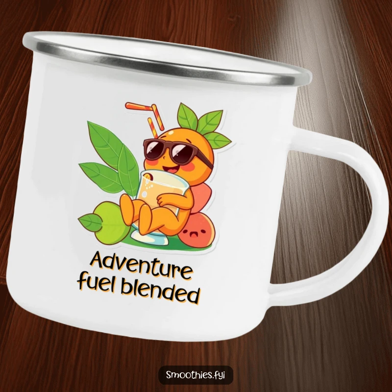 Funny orange character with sunglasses lounging in a smoothie on a durable camping mug, perfect for outdoor humor and refreshment.
