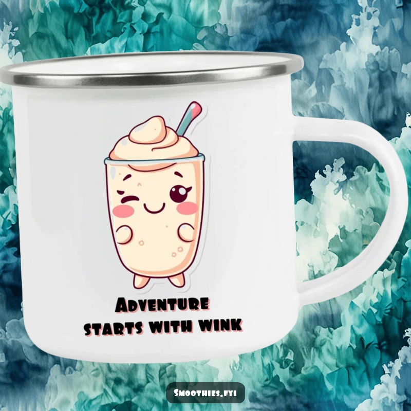 Funny Kawaii smoothie camping mug, character giving a playful wink, cheerful and durable for outdoor use.