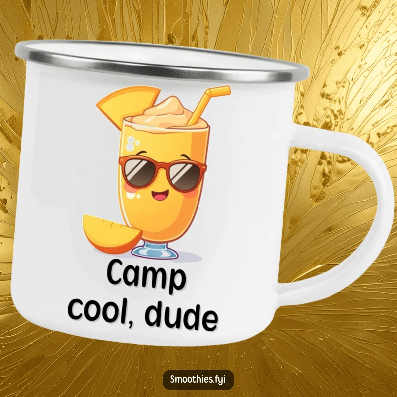 Funny mango smoothie wearing sunglasses on a sturdy enamel camping mug, ideal for outdoor enthusiasts. A humorous and practical gift.
