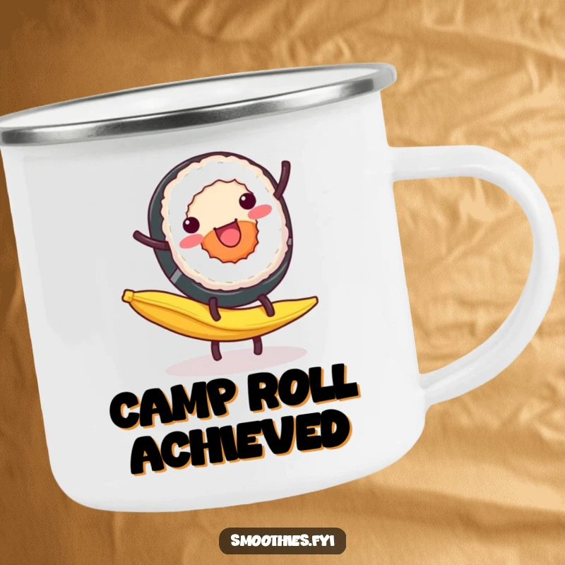 Funny Camping Mug: A cheerful sushi roll does a cartwheel on a banana peel, ready for outdoor adventures.