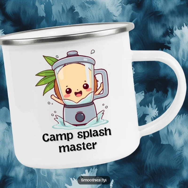 Funny coconut character splashing gleefully into a blender, perfect for outdoor enjoyment on this camping mug.