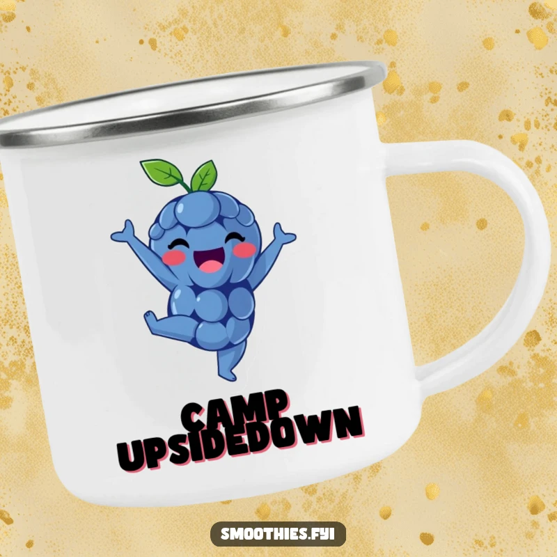 Funny camping mug with a delighted blueberry doing a handstand, perfect for outdoor beverages.