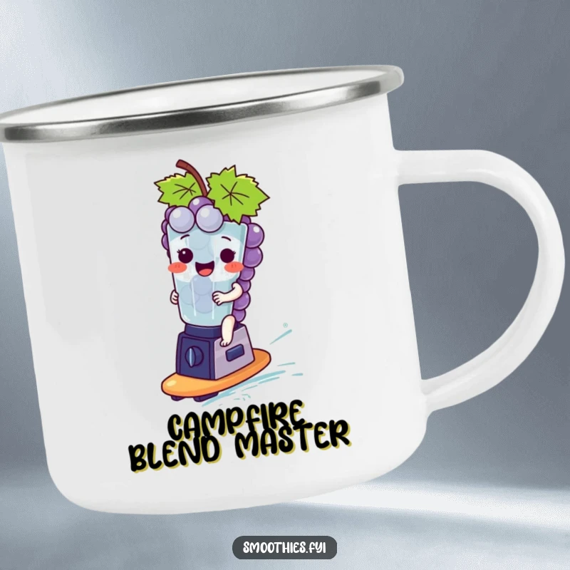 Funny giggling grape bunch character surfing a mini blender, perfect for outdoor enjoyment on this camping mug.