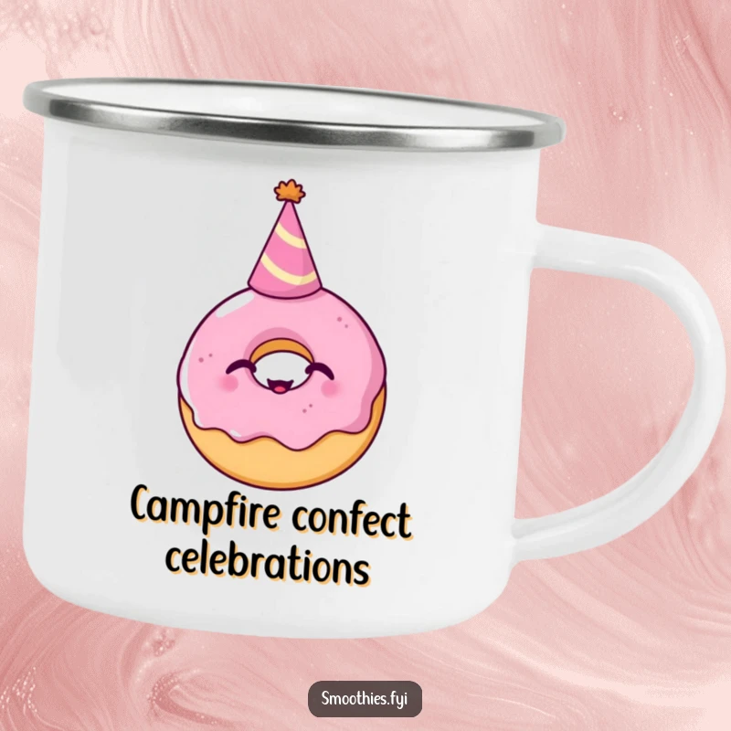 Funny Camping Mug: A giggling donut wearing a party hat is ready for the outdoors, offering sweet companionship and a dose of portable humor.