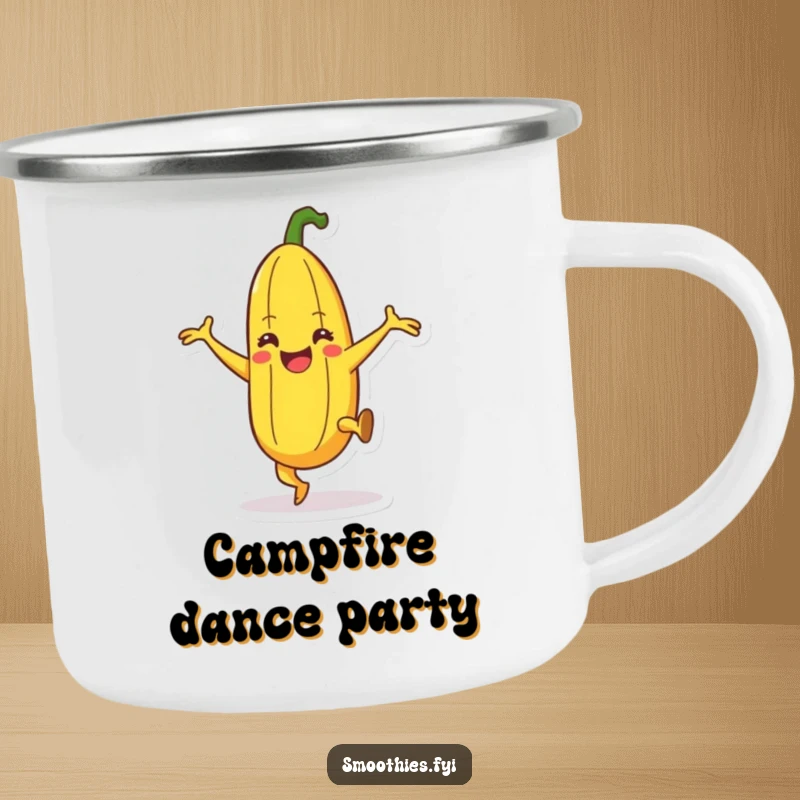 Funny happy banana character camping mug dancing with leg kicks, sturdy and humorous outdoor gear.