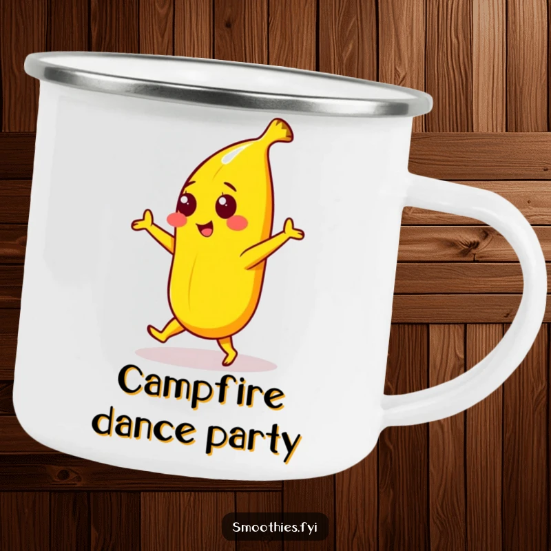Funny camping mug featuring a yellow banana character in a playful dance, perfect for enjoying drinks during outdoor adventures with a humorous twist.