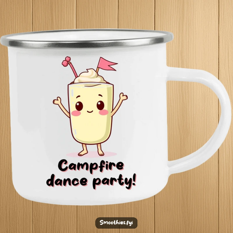 Funny camping mug with a dancing kawaii smoothie character waving a tiny flag, perfect for humorous outdoor celebrations.