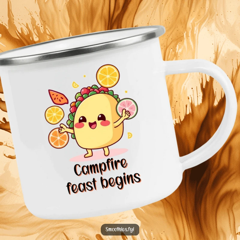 Funny Camping Mug: A smiling taco juggles colorful fruit slices, ready for outdoor adventures and tasty beverages.