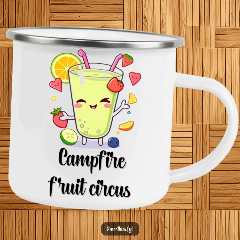 Funny Kawaii smoothie character winking while juggling colorful fruit pieces, featured on a rugged camping mug for skillful outdoor sipping.