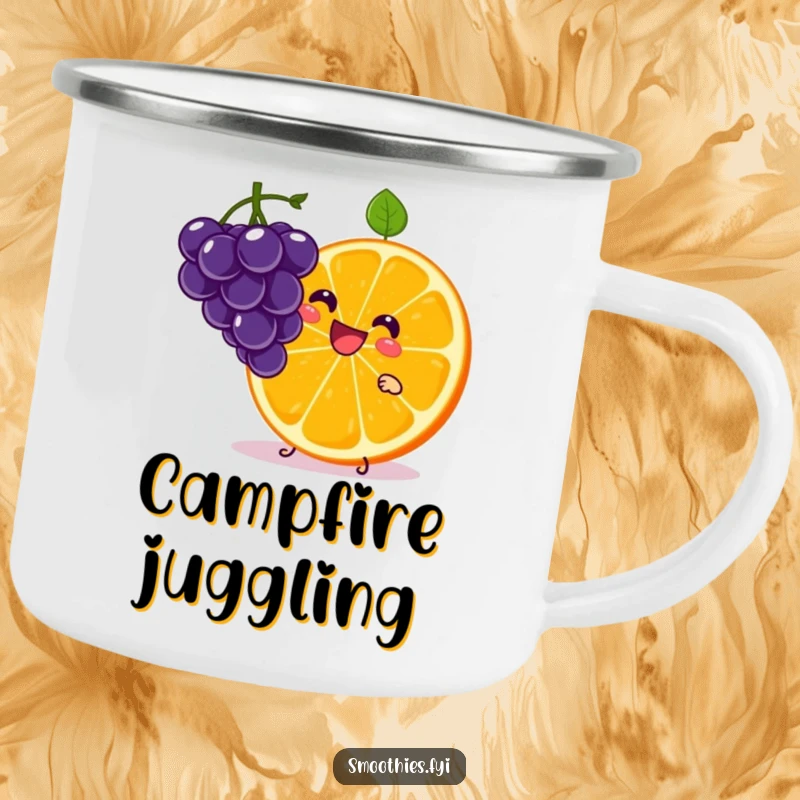 Funny Kawaii Orange Slice Camping Mug with a cute character juggling grapes. Great for enjoying drinks outdoors.