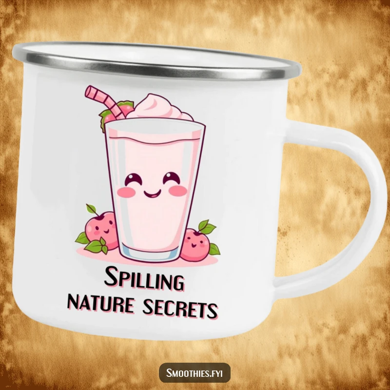 Funny Camping Mug: A happy Kawaii smoothie spills its drink, bringing cheer to your outdoor excursions.