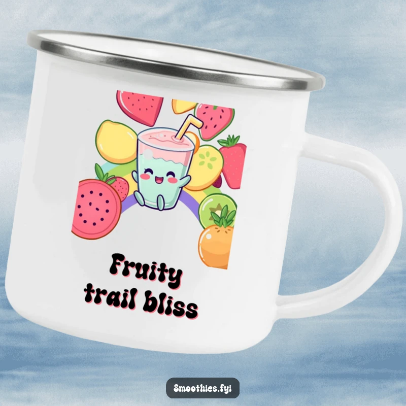 Funny Camping Mug: A giggling Kawaii smoothie slides down a fruit rainbow, ready for outdoor fun.