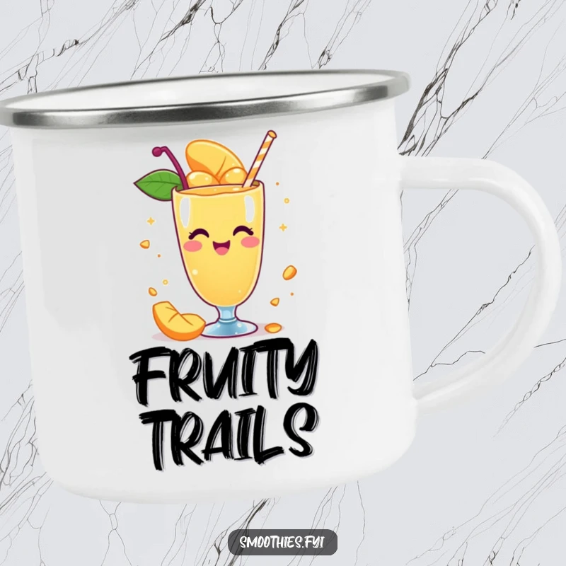 Funny camping mug with a whimsical mango smoothie character spinning with delight, perfect for enjoying outdoor adventures with playful energy.
