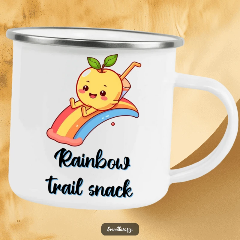 Funny smiling apple character sliding down a rainbow into a smoothie, ready for adventure on a camping mug.