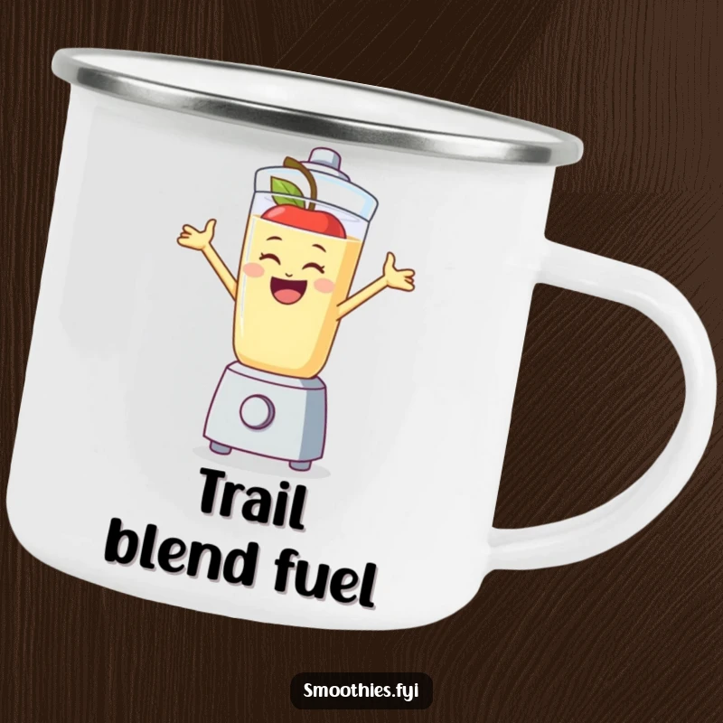 Funny apple smoothie character jumping gleefully in a blender, a sturdy and humorous camping mug for outdoor fun.
