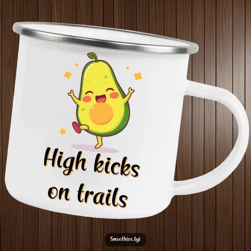 Funny enamel camping mug showing a gleeful avocado character executing a high kick, ready for outdoor fun.