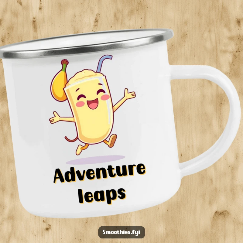 Funny enamel camping mug featuring a happy anthropomorphic banana smoothie in a joyful leap, ideal for invigorating outdoor moments.