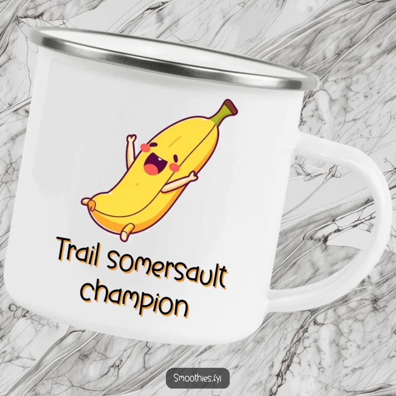 Funny enamel camping mug showing a thrilled banana character performing a somersault, ready for outdoor fun.