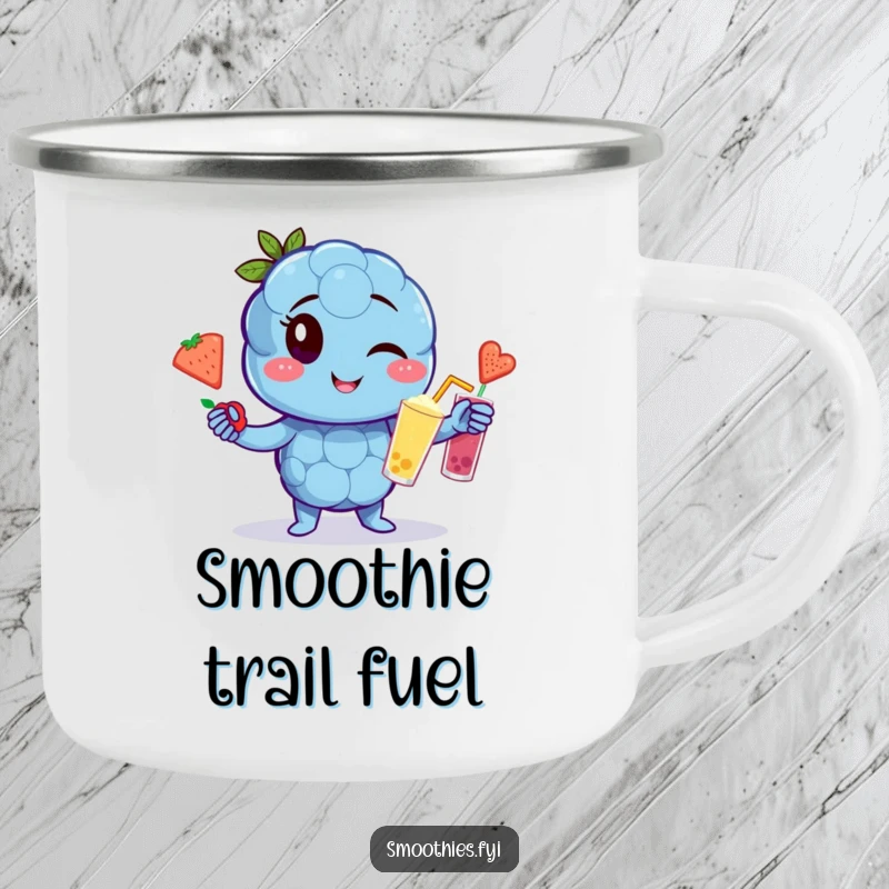 Funny winking blueberry character camping mug juggling fruit smoothies, sturdy and humorous outdoor gear.