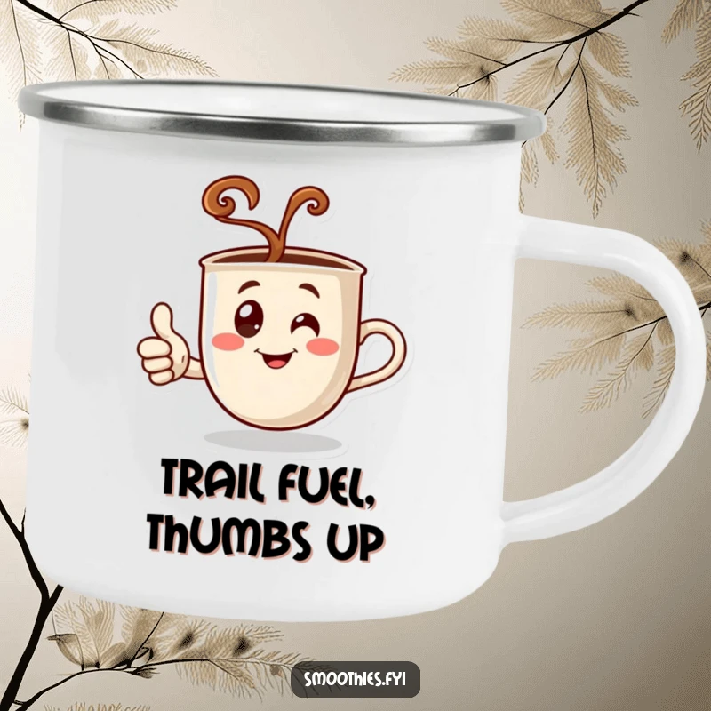 Funny camping mug featuring a steaming coffee cup character giving a thumbs up, perfect for enjoying drinks during outdoor adventures with a humorous twist.