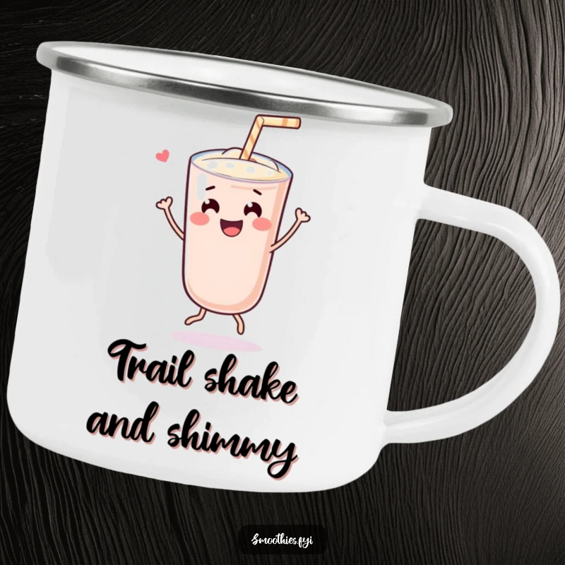 Funny cheerful Kawaii smoothie character doing a joyful dance with a straw, featured on a rugged camping mug for happy outdoor sipping.