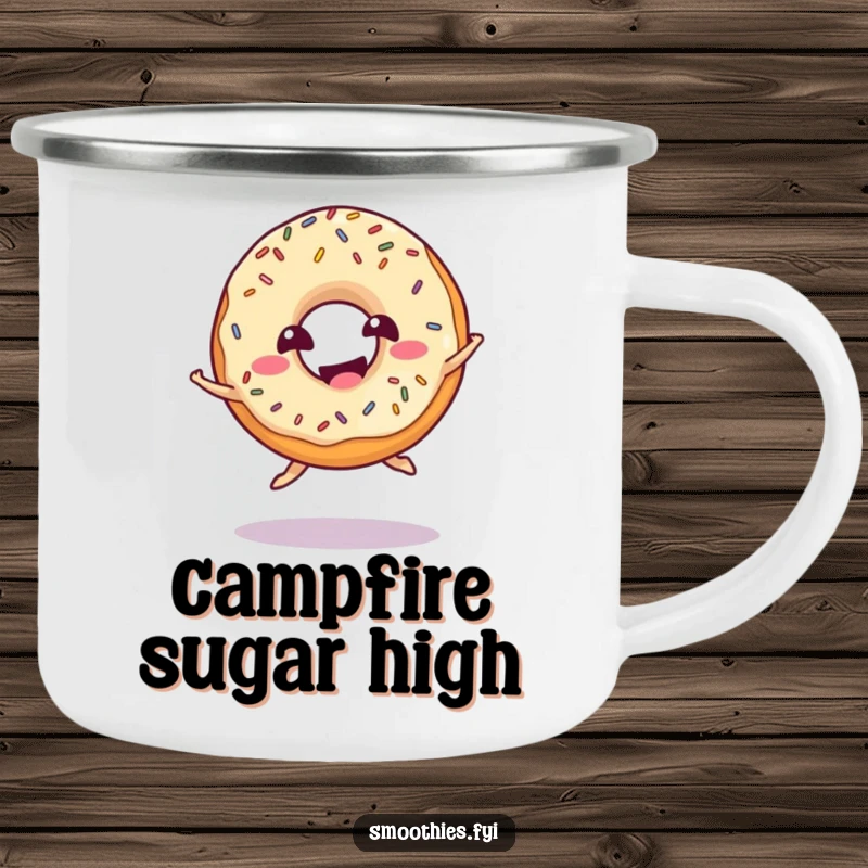 Funny donut camping mug with sprinkles doing a playful jump and giggling, perfect for cheerful outdoor sipping.