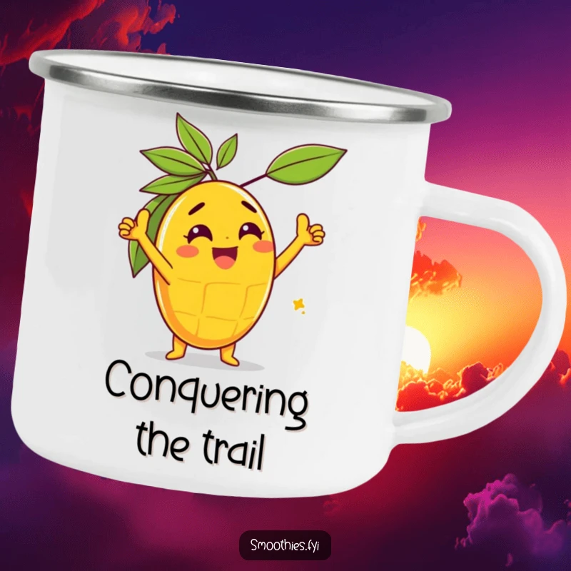 Funny gleeful mango character in a triumphant pose on a rugged camping mug, perfect for celebrating outdoor wins.
