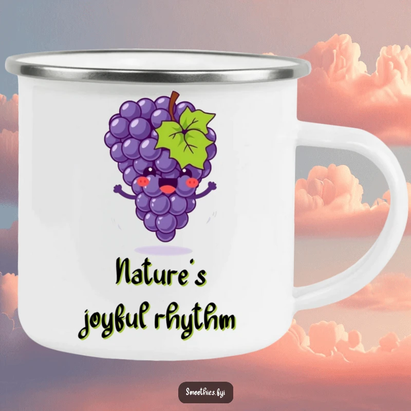 Funny camping mug featuring a joyful grape cluster bouncing with little motion swirls, perfect for outdoor enthusiasts who love fruity humor.