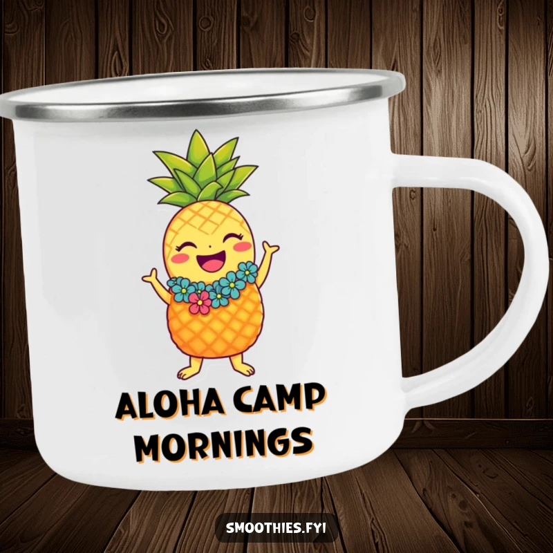 Funny laughing pineapple character camping mug with lei doing the hula, sturdy and humorous tropical gear.