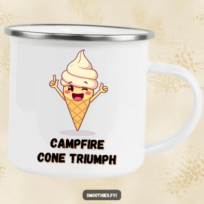 Funny Camping Mug: A happy ice cream cone does a victory dance, ready for outdoor adventures and sweet treats.