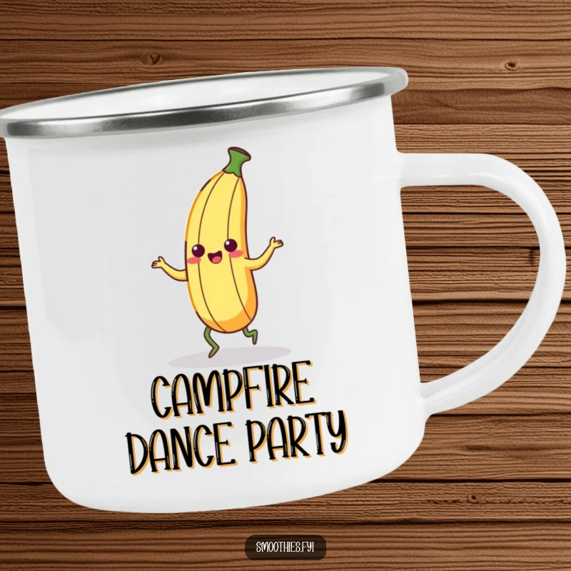 Funny Kawaii Banana Peel Camping Mug with a character doing a silly dance. Great for enjoying drinks outdoors.