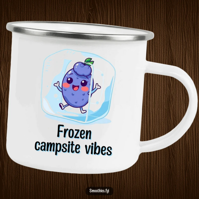Funny Kawaii Blueberry Camping Mug with a character hopping in an ice cube. Great for enjoying drinks outdoors.