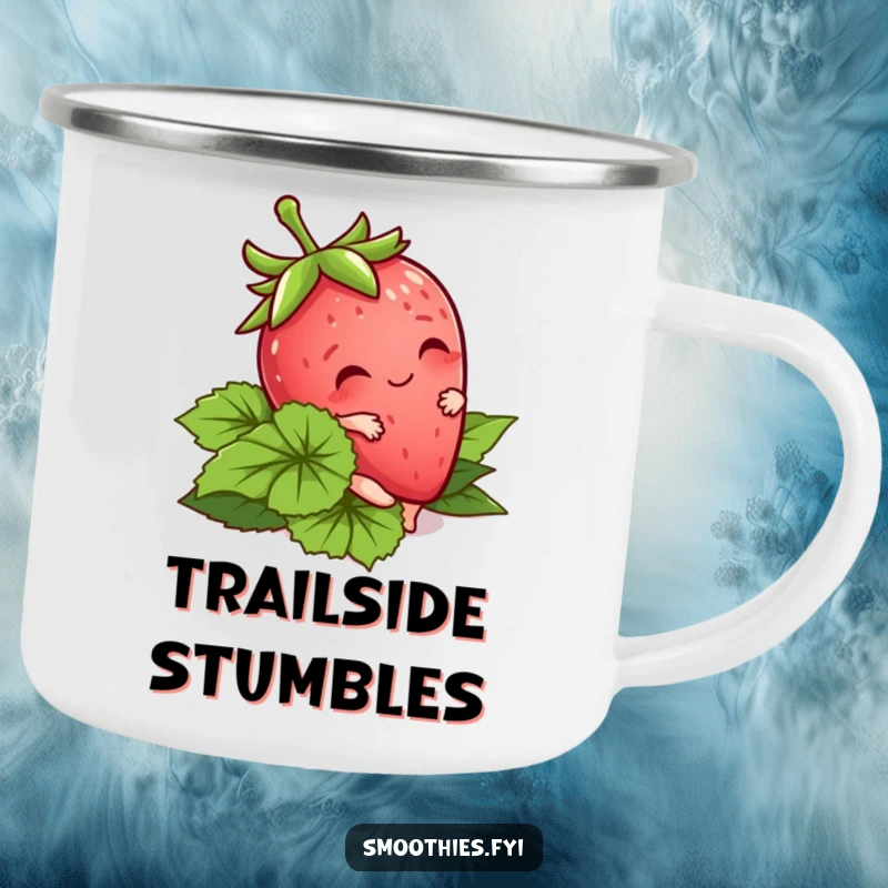 Funny Kawaii Strawberry Camping Mug with a cute character tripping playfully. Great for enjoying drinks outdoors.