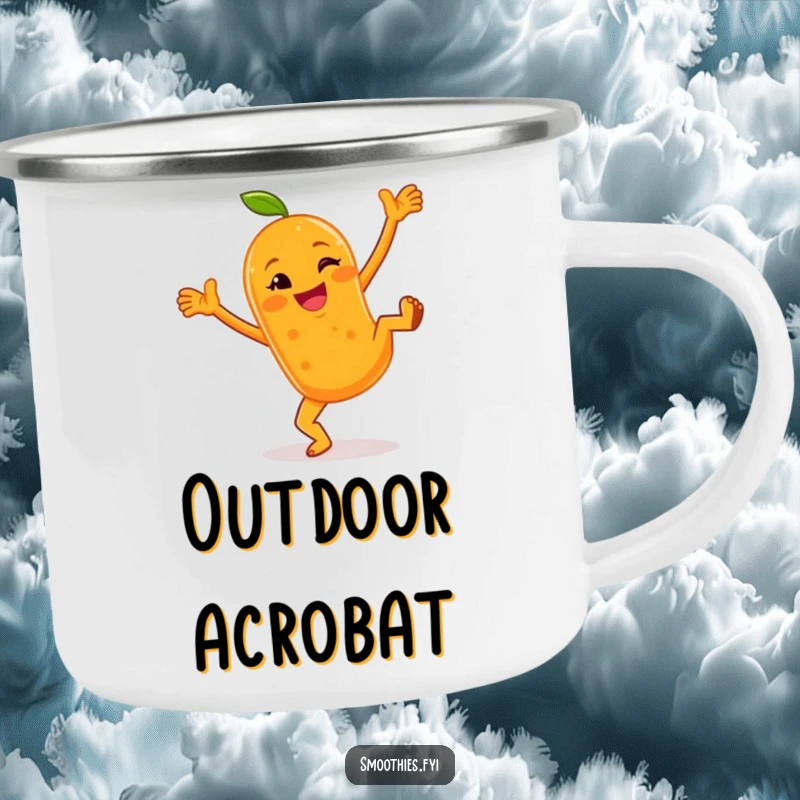 Funny enamel camping mug featuring a cheerful anthropomorphic orange smoothie doing cartwheels with a wink, ideal for invigorating outdoor moments.
