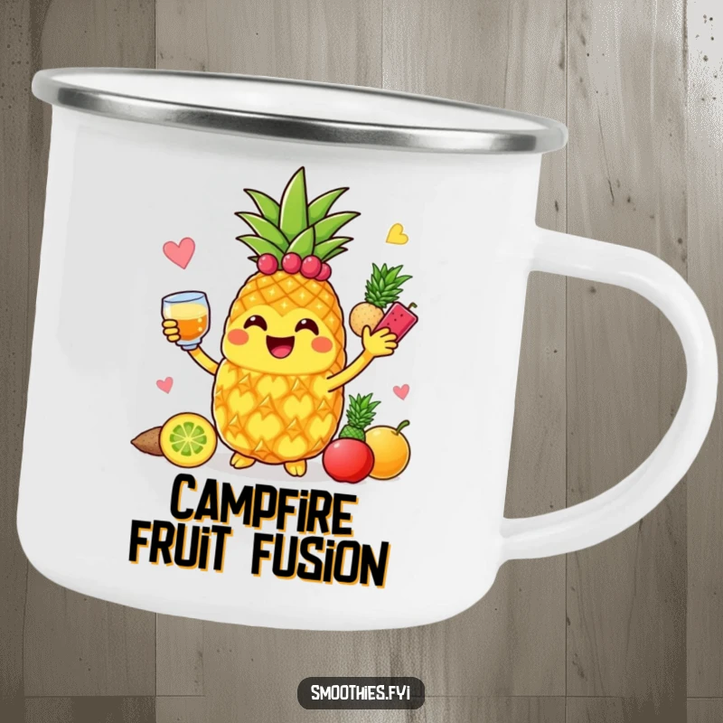 Funny jolly pineapple character blending fruits, ready for adventure on a camping mug.