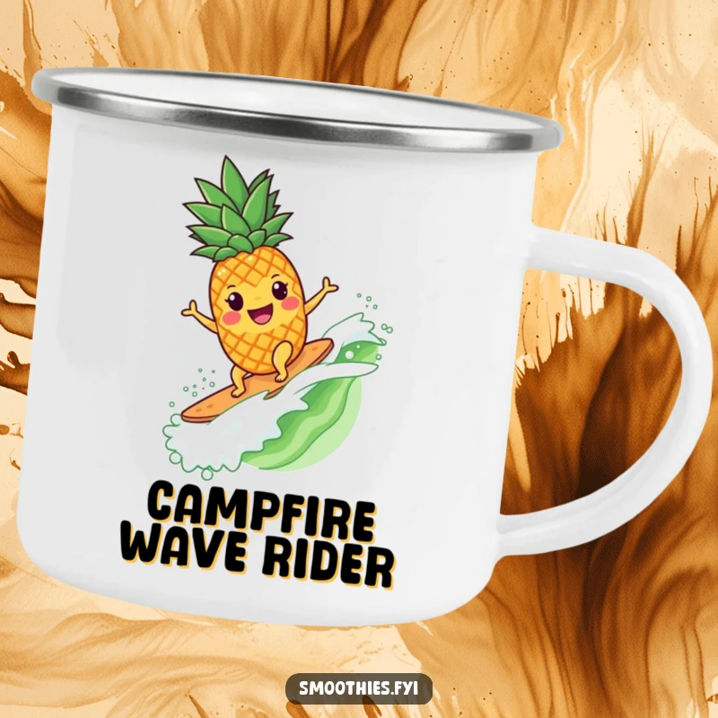 Funny pineapple character surfing a smoothie wave, featured on a rugged enamel camping mug.