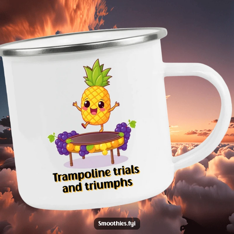 Funny Camping Mug: A giddy pineapple bounces joyfully on a trampoline made of grapes, ideal for outdoor adventures and sharing humorous tales.