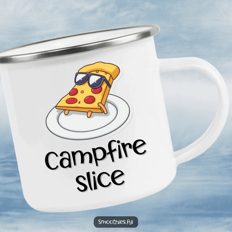 Funny pizza slice with sunglasses doing a cool slide on a plate, a sturdy and humorous camping mug.