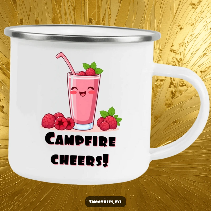 Funny raspberry smoothie camping mug with a contented character raising a glass, ideal for outdoor celebrations.