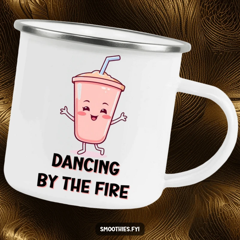 Funny smoothie camping mug featuring a cheerful, smiling smoothie cup dancing with its straw, bringing blended fun to outdoor moments.