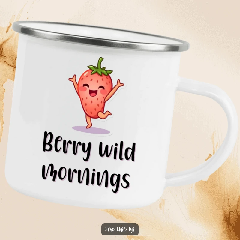 Funny strawberry character camping mug mid-cartwheel with a happy smile, durable and humorous outdoor gear.