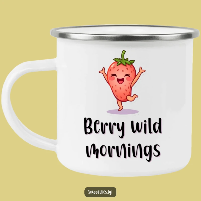 Funny Strawberry Cartwheel Camping Mug: Adventure Fuelled by a Smiling, Cartwheeling Fruit
