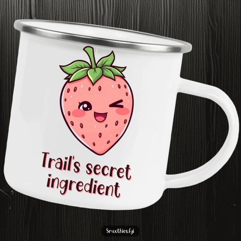 Funny camping mug featuring a cheerful strawberry character with a mischievous wink, perfect for enjoying drinks during outdoor escapades.
