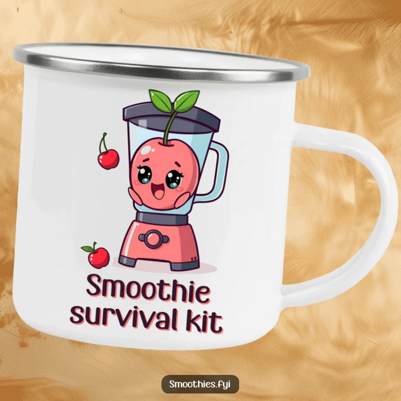 Funny cherry character comically popping out of a blender on a rugged camping mug, adding outdoor humor.